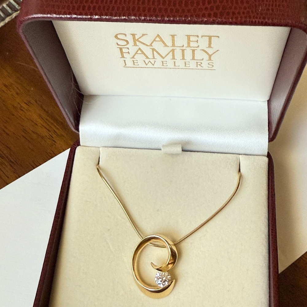 14k Gold Necklace with Custom Commissioned, large C-shaped Diamond Pendant